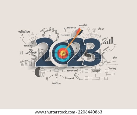 2023 new year target audience concept, Creative thinking drawing charts and graphs business success strategy plan idea on target dart with arrow, Vector illustration modern layout template