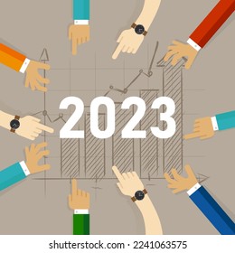 2023 new year team together analyze graph rise chart increase investment target teamwork