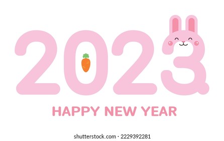 2023 New Year typography design with cute smiling rabbit character concept in pink color. The year 2023 is called 'Year of the Rabbit' in Korea.