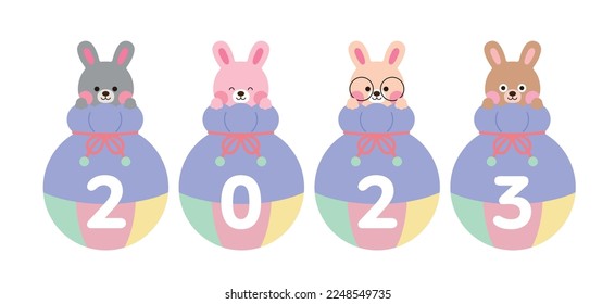 2023 New Year typography design with cute smiling rabbit character concept in black color. The year 2023 is called 'Year of the Rabbit' in Korea. 