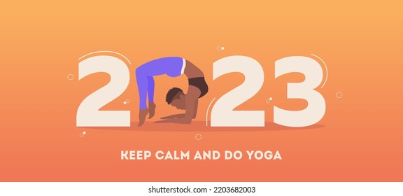 2023 new year vector banner with a girl doing yoga. Woman in Chakrasana pose with flat big numbers. Vector illustration modern layout template design