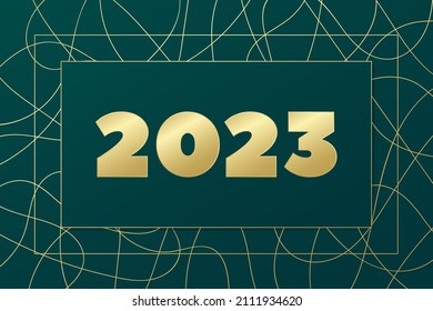 2023 New Year vector greeting card. Illustration with hand drawn lines background. Gold and green banner for celebration, congratulation, decoration, frame
