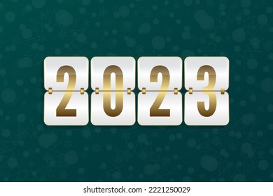 2023 New Year vector greeting card. Scoreboard sign. Stars and snowflake background. Green and gold banner for celebration, congratulation, decoration