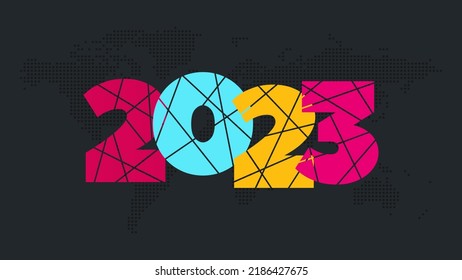 2023 New Year vector icon. Colorful symbol. World map background. Element for celebration, holiday, web, graphic design, infographic, event, business