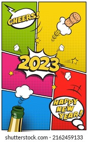 2023 New Year Vertical Postcard Or Greeting Card Template. Vector Festive Retro Design In Comic Book Style With Champagne Bottle And Flying Cork