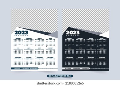 2023 new year wall calendar template vector. Annual business calendar design with black and white color. Simple calendar design and weekend planner with abstract shapes. The week starts on Sunday.