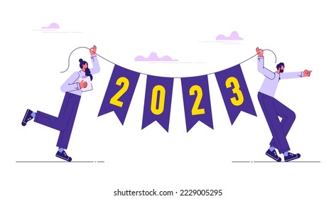 2023 new year welcome, people are preparing for start business in 2023, the inscription New Year 2023, vector illustration, people with the inscription “2023” over his head