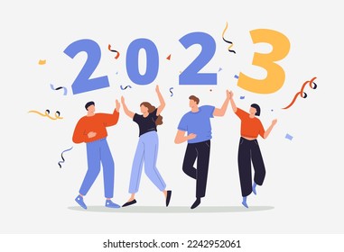 2023 new year welcome. people are preparing for the New Year, are engaged in decoration, the inscription New Year 2023. Vector illustration little people