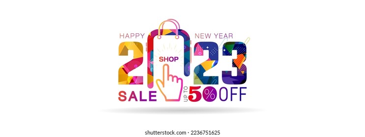 2023 new year winter Sales banner concept. End of the Season and End of the year sale concept. 2023 number with 50% off text and online digital shopping bag.