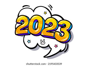 2023 new year. Yellow Numbers 2023 in pop art style on white background with hand drawn decorations. Vector illustration.