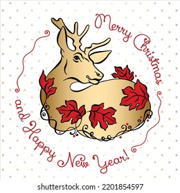 2023 New Year's card. Christmas and New Year collection. Animal gold roe deer framed by red leaves ornament. Vector illustration on white. Hand painted. Perfect for invitations and greeting cards.
