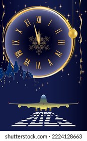 2023. New Year's card. the clock shows the onset of the new year. The plane takes off in the new year, golden balls. gold serpentine. clocks, decorative holiday decorations.