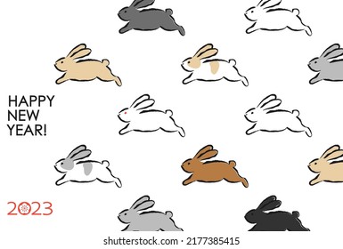 2023 New Year's card with cute illustrations of many rabbits running