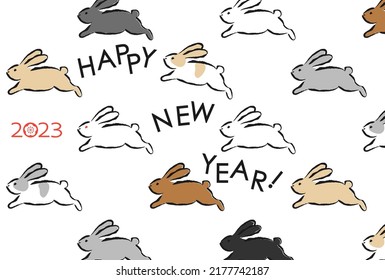 2023 New Year's card with cute illustrations of many rabbits running