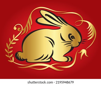 2023 New Year's card. Cute bunny in flowers frame. Rabbit with golden ornament on red background. Vector illustration of Chinese New Year 2023 symbol, year   the rabbit. Isolated on red backgrounds. 