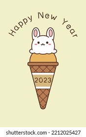 2023 New Year's card with Happy New Year characters and rabbit ice cream