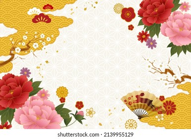 2023 New Year's card with Japanese pattern, folding fan and flowers