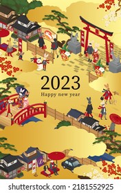 2023 New Year's card of Japanese-style cityscape and people

Translation:gasyo(new year)
fuku-bukuro(lucky bag)
hatsu-moude(The new year’s visit to a shrine)