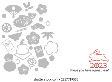 2023 New Year's card rabbit, which is the zodiac, and Japanese New Year's food decoration etc.