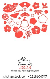 2023 New Year's card rabbit, which is the zodiac, and Japanese New Year's food decoration etc.