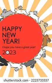 2023 New Year's card of rabbit year with fun illustrations of various types of rabbits running in a circle