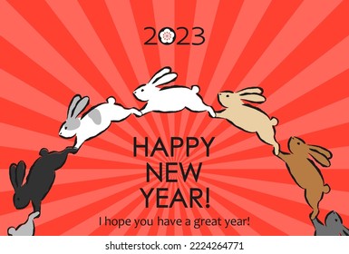 2023 New Year's card of rabbit year with fun illustrations of various types of rabbits running in a circle