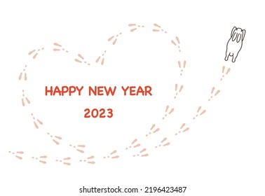 2023 New Year's Card With A Running Rabbit And Heart-shaped Footprints.