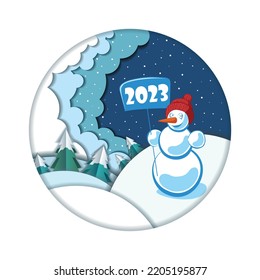 2023 New Year's card with a snowman. Paper cut art. 3d illustration. Vector graphic illustration. 