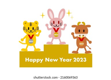 Tarjeta de Año Nuevo 2023. Año del Conejo. Animales en el estrado de la victoria. Ilustración vectorial.