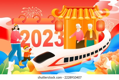 Año Nuevo 2023 Año del Conejo con tren y tiempo en el fondo, ilustración vectorial