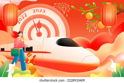 2023 New Year's Day in the Year of the Rabbit with a train and time in the background, vector illustration