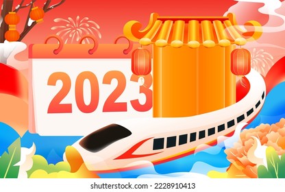 2023 New Year's Day in the Year of the Rabbit with a train and time in the background, vector illustration