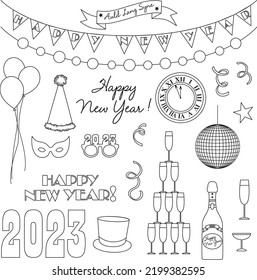 2023 New Years Eve black outline digital stamps