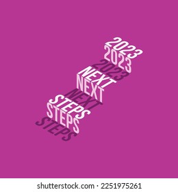 2023 next steps stairs Isometric stairs text effect isolated on purple background, Vector Illustration.