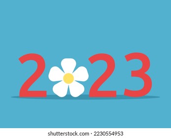 2023 number with daisy or camomile flower. New Year, nature, ecology, environment, romance, spring and summer season concept. Flat design. Vector illustration. EPS 8, no gradients, no transparency
