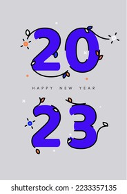 2023 number design template. Vector illustration with purple numbers on gray background. 