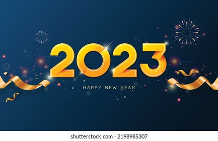 2023 number Happy New Year with golden ribbon, confetti, fireworks and glowing lights on dark blue background design for greeting card, poster, banner, flyer.
