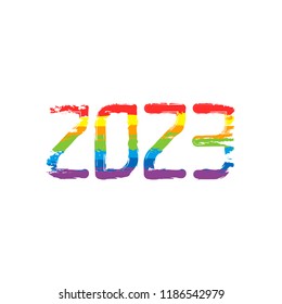 2023 number icon. Happy New Year. Drawing sign with LGBT style, seven colors of rainbow (red, orange, yellow, green, blue, indigo, violet