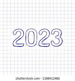 2023 number icon. Happy New Year. Hand drawn picture on paper sheet. Blue ink, outline sketch style. Doodle on checkered background