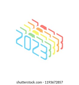 2023 number icon. Happy New Year. Stack of colorful isometric icons on white background