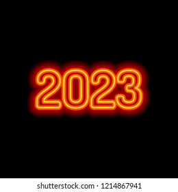 2023 number icon. Happy New Year. Orange neon style on black background. Light icon