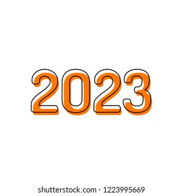 2023 number icon. Happy New Year. Isolated icon consisting of black thin contour and orange moved filling on different layers. White background