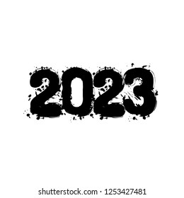 2023 number icon. Happy New Year. Black ink with splashes on white background