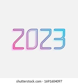 2023 number icon. Happy New Year. Colored logo with diagonal lines and blue-red gradient. Neon graphic, light effect