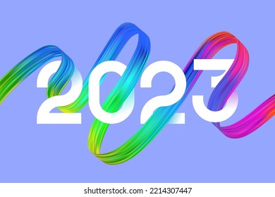 2023 number on colorful abstract color paint brush strokes background. Happy New Year colorful background. Vector illustration EPS10.