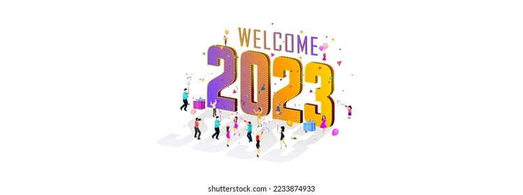 2023 number with welcome text. Greeting card design. Fun background, Young people, dancing and cheering welcome 2023. Happy New Year winter holiday.