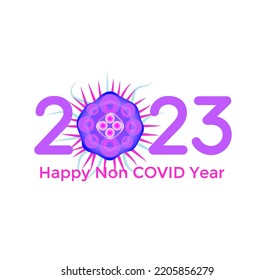 2023 numbers with bacteria covid virus. Happy New Year event poster, greeting card cover, 2023 calendar design, invitation to celebrate New Year and Christmas. Vector illustration