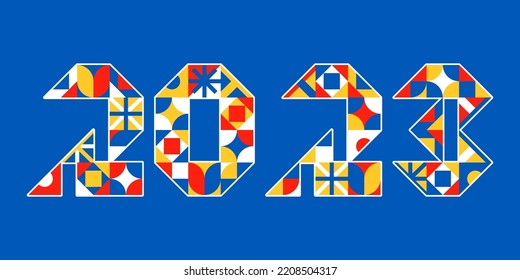 2023 numbers brutalism geometric bauhaus style. New Year sign simple shapes neoplasticism mondrian colors. Typography for decoration, backgrounds, banner, cover, card template. Vector illustration