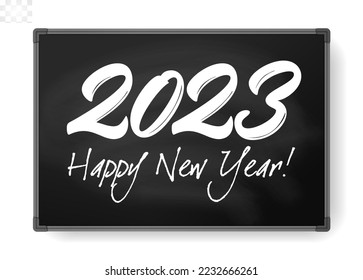 2023 numbers chalk written on chalkboard. Happy New Year event poster, greeting card cover, 2023 calendar design, invitation to celebrate New Year and Christmas. Vector illustration