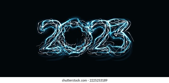 Números de 2023 con un contorno mágico luminoso de relámpago. Afiche del evento Happy New Year, portada de la tarjeta de saludo, diseño del calendario 2023, invitación para celebrar Año Nuevo y Navidad. Ilustración del vector